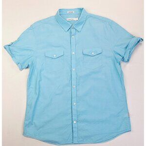 Calvin Klein Size Large Men Aqua Blue Button Short Sleeve Lightweight Logo Shirt